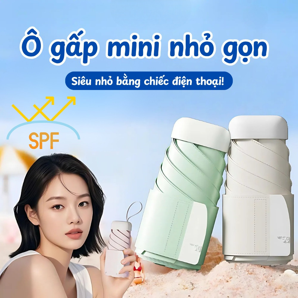 Ô Gấp Mini Che Nắng Che Mưa Siêu Nhỏ Gọn Chống Tia UV Cao Cấp Dinohome, Dù Đi Mưa Kèm Túi Vải Tiện Ích
