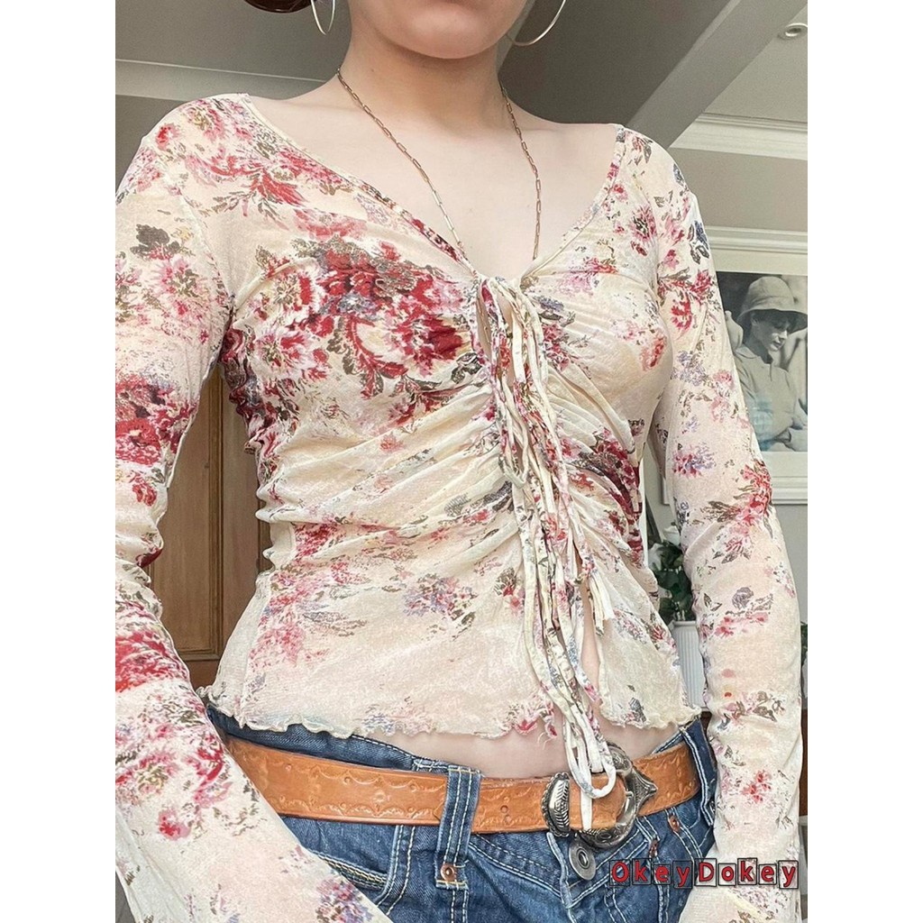 OKDK-Áo sơ mi lưới dài tay buộc dây hoa cho nữ