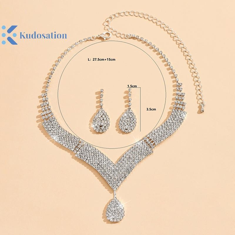 Kudosation 2 Chiếc Thời Trang Kim Cương Giả Dây Chuyền Bông Tai Bộ Trang Sức Nữ Cưới Phụ Kiện Quà Tặng