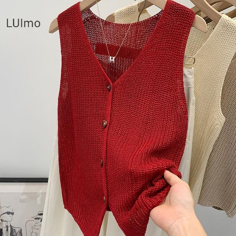 Áo Vest Nữ Mùa Hè Hàn Quốc, Bằng Cotton và Vải Lanh, Cổ Chữ V, Màu Trơn