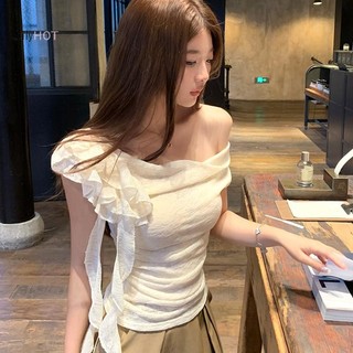 Áo Thun Mùa Hè Tay Ngắn Cho Nữ, Cổ Slanted Ruy Băng Hoa Và Vai Xếp Ly