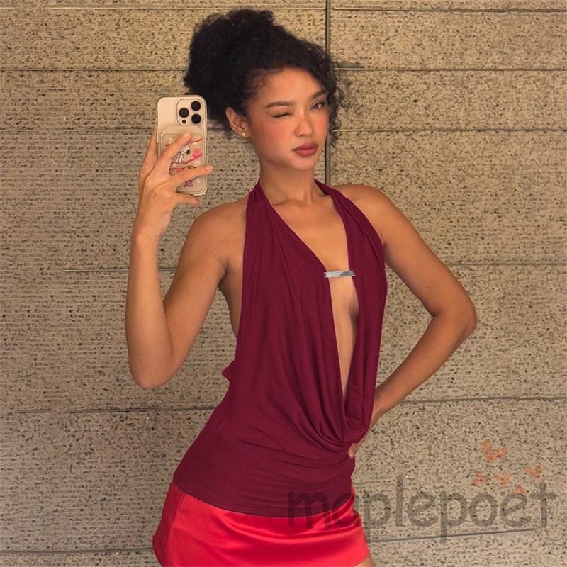 MAPLEPOET - Áo Tank Tops Nữ Trước Rách Hở Lưng, Slim Fit, Phù Hợp Mùa Hè