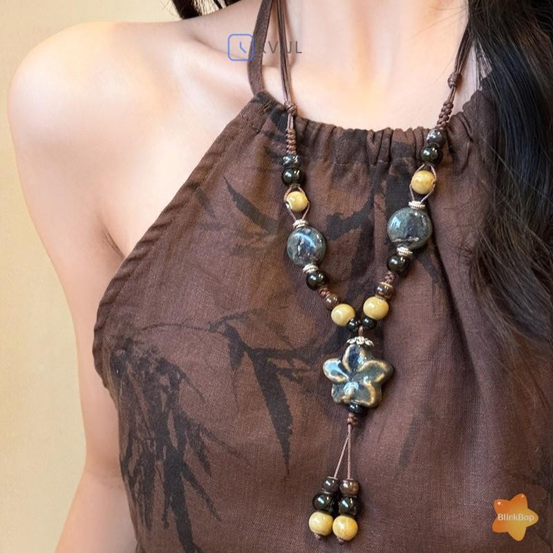Vòng cổ gốm phong cách boho với dây điều chỉnh linh hoạt