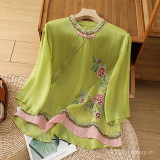 Áo sơ mi thêu vải lanh cotton mùa hè, phong cách Trung Quốc, thiết kế sườn xám với nút ếch