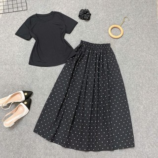 Set Bigsize nữ basic áo thun phối chân váy chấm bi dáng dài vintage bánh bèo dễ thương  SET G244+CV422