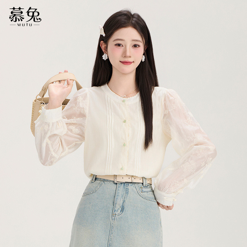 Mutu Áo sơ mi thanh lịchjacquard cổ tròn tay dài cho mùa hè 2026