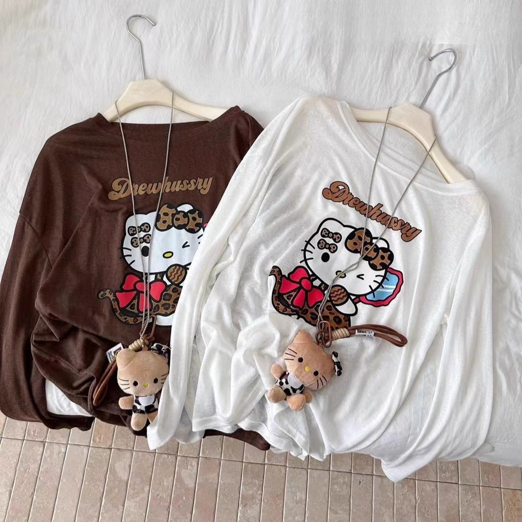 Milyfashion Loose Size Lớn Kem Chống Nắng kitty In Hình Cổ Tròn Tay Dài T Mùa Hè Mỏng Bên Ngoài Top Quần Áo Nữ