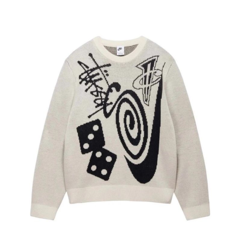 ThaliaWisp Áo len nam Stussy x Nike, dáng rộng vừa vặn, thiết kế xoắn ốc độc đáo