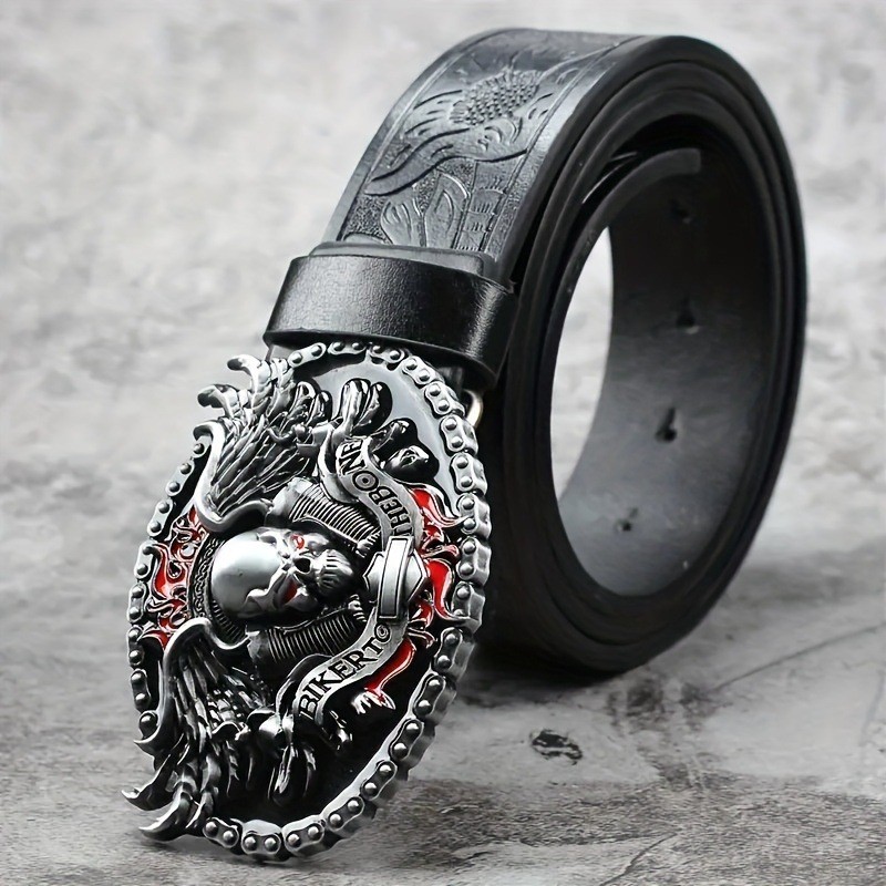 Thắt lưng punk retro da PU, thiết kế đầu lâu gothic hiện đại, phù hợp unisex