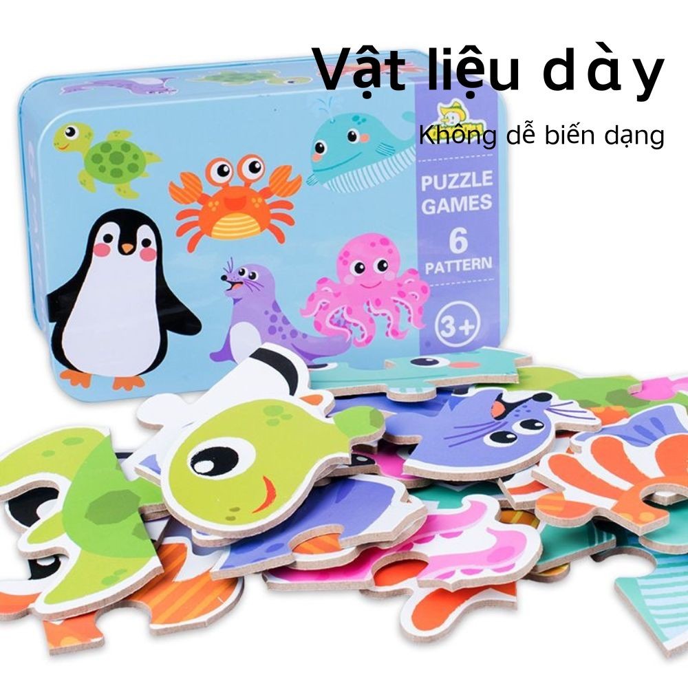 6-in-1 Puzzle Toy Kindergarten Iron Box Wood Puzzle Board Children Gift Animal Traffic
