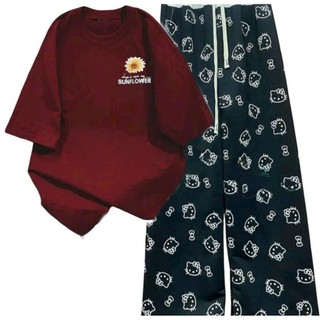 Tổng hợp các sét bộ quần ống  HOẠ TIẾT MÈO+ mix áo phông hoa cúc  CHẤT COTTON MÁT-