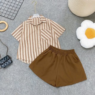 SET Sơ Mi Quần Đùi Bigsize Nữ Áo Somi Kẻ Sọc Vải Linen Kèm Quần Short Vibe Vintage A288+Q500