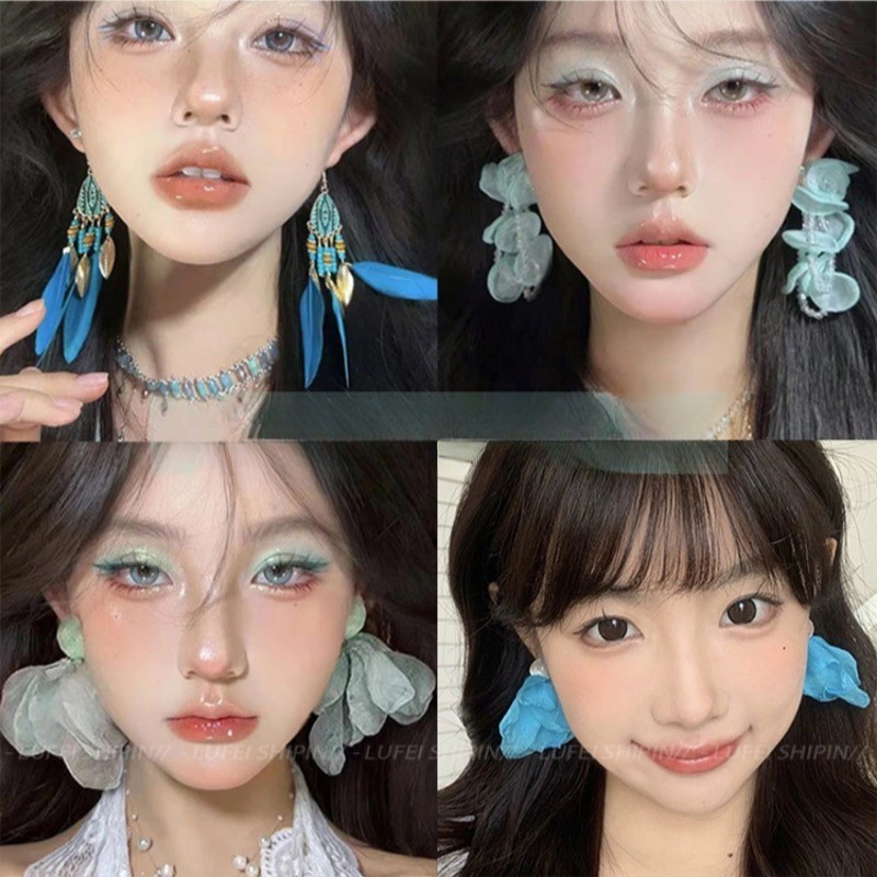 Bông tai nữ voan xanh Bông tai hình tua rua Hàn Quốc