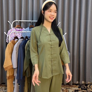 Set đồ bộ nữ lam đi chùa cổ bà lai nút thắt vải đũi