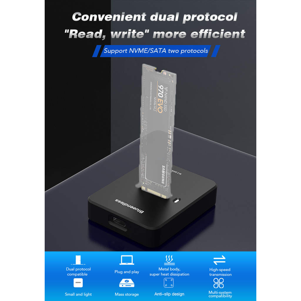 Blueendless Cho NVME 10Gbps / SATA 5Gbps Giao Thức Kép M.2 Vỏ SSD Type-C Ổ Cứng Di Động Dock Cho M.2 M Key / B + M Key 2230-2280 SSD
