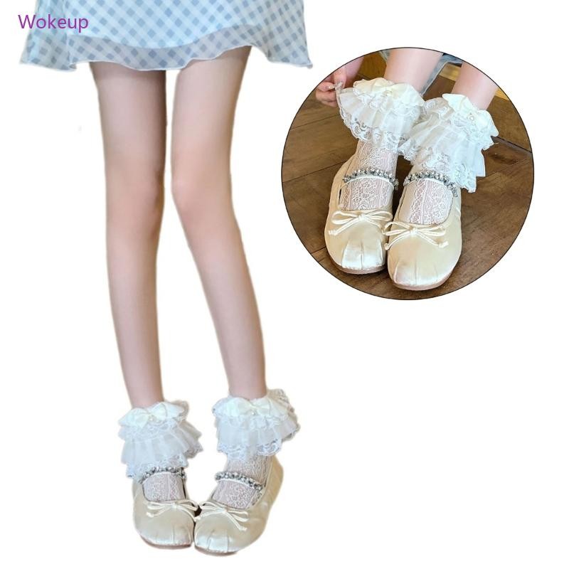 Woke Tất đến mắt cá chân Frilly thời trang với ren xếp tầng nơ ngọt ngào Tất bê cánh cho các bữa tiệc và trang phục thường ngày