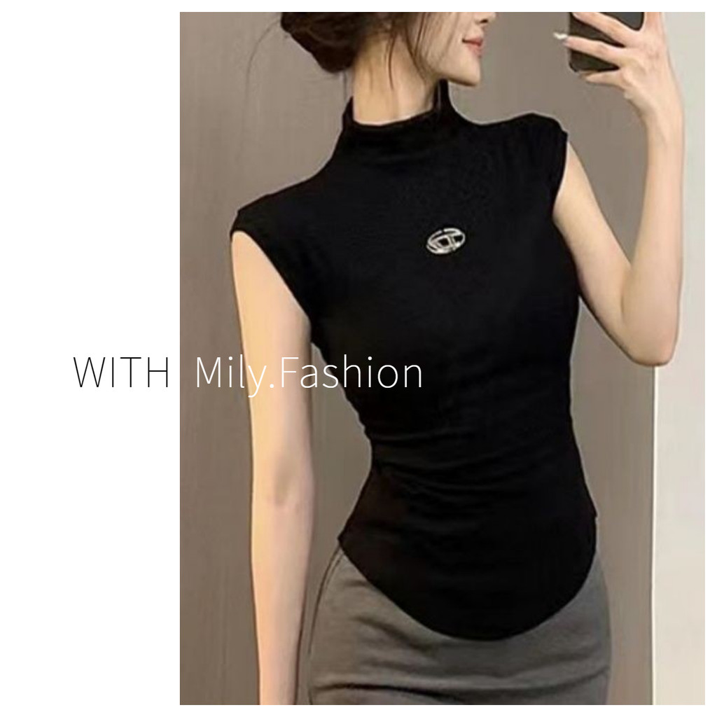 Milyfashion Mỹ Retro Nửa Cổ Cao Chính Hãng Vai Skinny Không Tay Áo Thun Nữ Mùa Hè Hot Girl Slim-fit Slimmer Nhìn Sang Trọng Ngắn