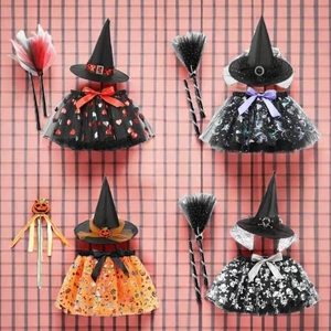 Halloween in lưới bí ngô váy tutu mũ phù thủy chổi váy lông tơ bộ ba mảnh váy ngắn bé gái Châu Âu và Mỹ jiwvn