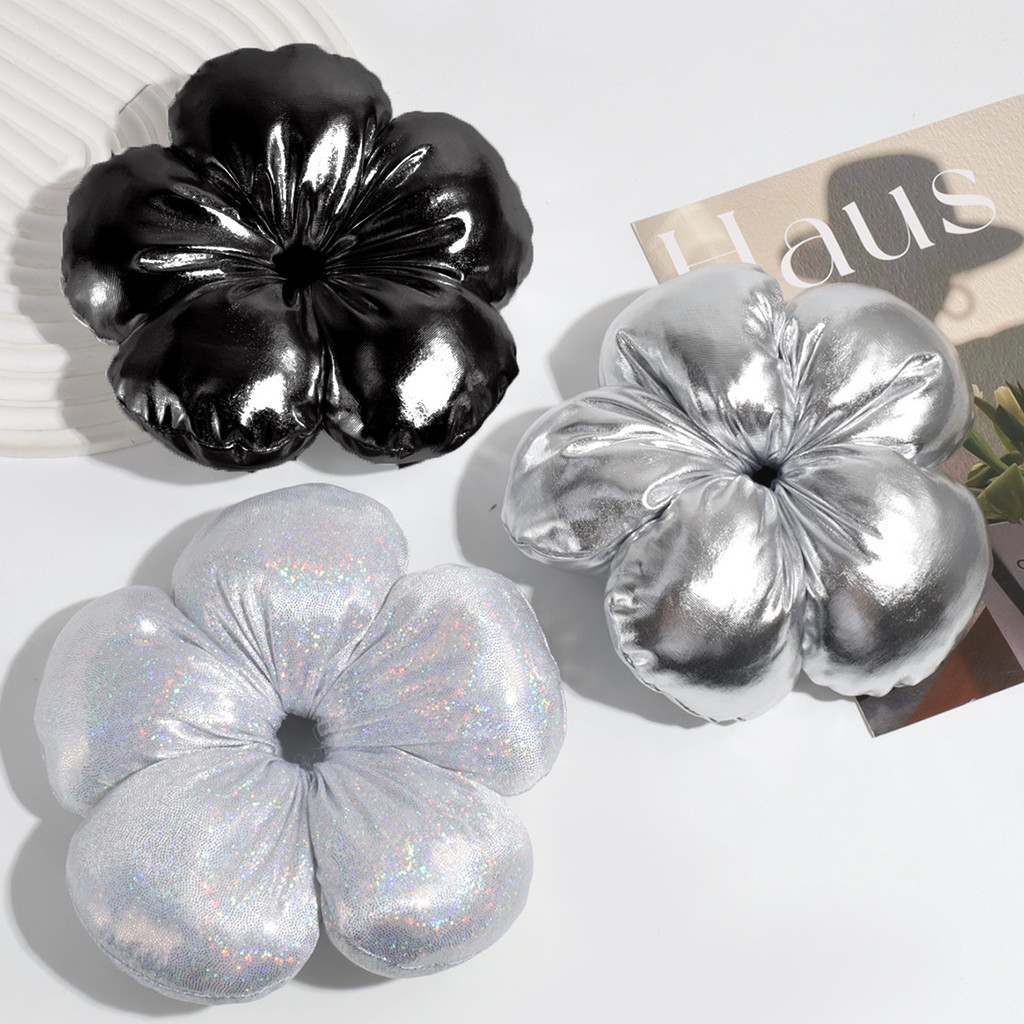 Mới Oversize Phong Cách Hàn Quốc Hình Hoa Xốp Đen Bạc Lớn Satin Tóc Scrunchies Vải Hợp Thời Trang