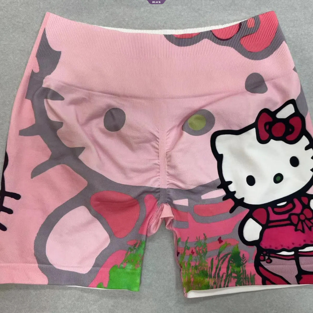Mùa hè mới Quần short tập Yoga in hình hai mặt dễ thương Hello Kitty Quần short thể thao eo cao Quần short ba phần tư [BL]