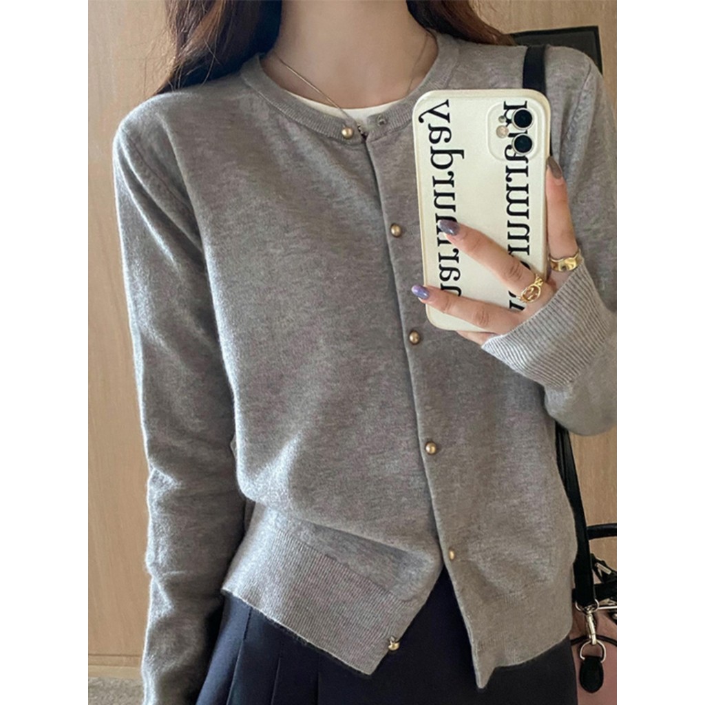 SUXI Casual Đơn Giản Màu Trơn Slim Fit Pháp Retro Mới Dài Tay Dệt Kim Cardigan Áo Len Nữ 241006
