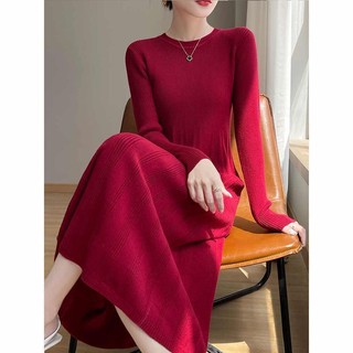 Đầm Mới Thu Đông Phong Cách Cổ Tròn Chui Đầu Áo Len Đầm Có Áo Đáy Dệt Kim Nữ Phong Cách Phương Tây Váy