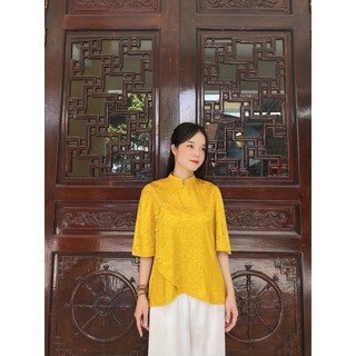 Thời trang nữ truyền thống cổ tàu vải gấm (không quần), áo lam đi chùa