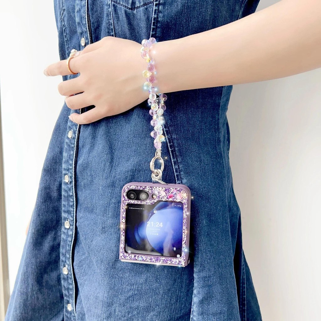 Ốp Điện Thoại Lấp Lánh Sang Trọng Cho Samsung Galaxy Z Flip 7 6 5 4 3 Flip7 Flip6 5G Dễ Thương Bling Đá Pha Lê Cổ Tay Bao
