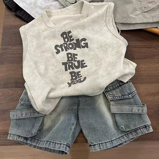 Bé Trai Mùa Hè Phong Cách Mới Thoải Mái Bộ Áo Vest Trẻ Em In Chữ Không Tay Rời Quần Short Denim Hai Mảnh Bộ