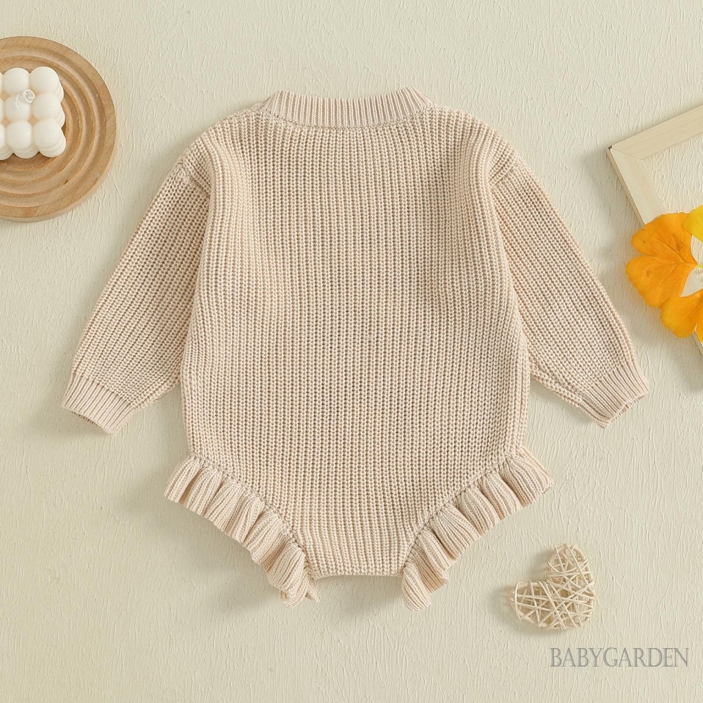 / / -Baby Bé Gái Áo Len Rompers Họa Tiết Chữ Ruffles Cổ Tròn Dài Tay Mùa Thu Body Jumpsuits