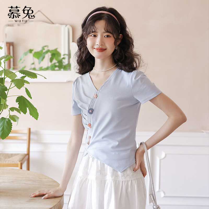 Mutu Áo Thun Nữ Phong Cách Hàn Quốc Xếp Ly Cổ Chữ V, Slim-Fit, Thích Hợp Mùa Hè