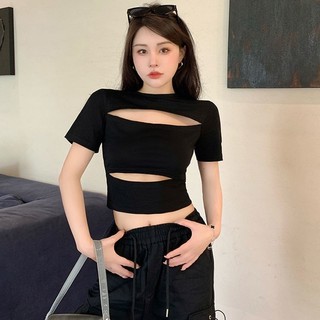 [Áo ngắn tay kiểu Thái] Áo thun nữ cỡ lớn phiên bản Hàn Quốc Gợi cảm Top Pure Desire Thiết kế rỗng thời trang hàng đầu Áo thun ngắn tay ngắn ngắn dáng ôm vừa vặn Áo thun ngắn tay hơi béo Hot Girl Size lớn dành cho nữ Quần áo