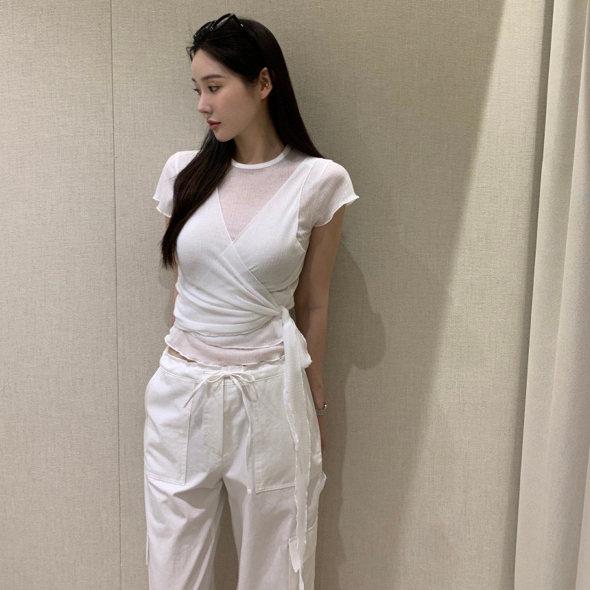 SUXI Áo thun nữ màu trơn đơn giản và bộ đồ buộc dây - xu hướng mới mùa hè