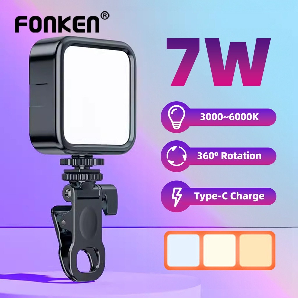 Đèn Selfie LED có thể sạc lại Fonken 7W có kẹp cho máy tính xách tay / điện thoại – Đèn hội nghị Video Mini