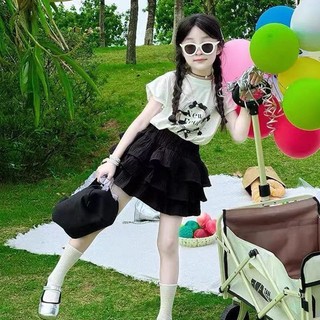 Set đồ bé gái áo thun ngọc trai tay ngắn + váy xếp tầng phong cách Hàn Quốc mùa hè