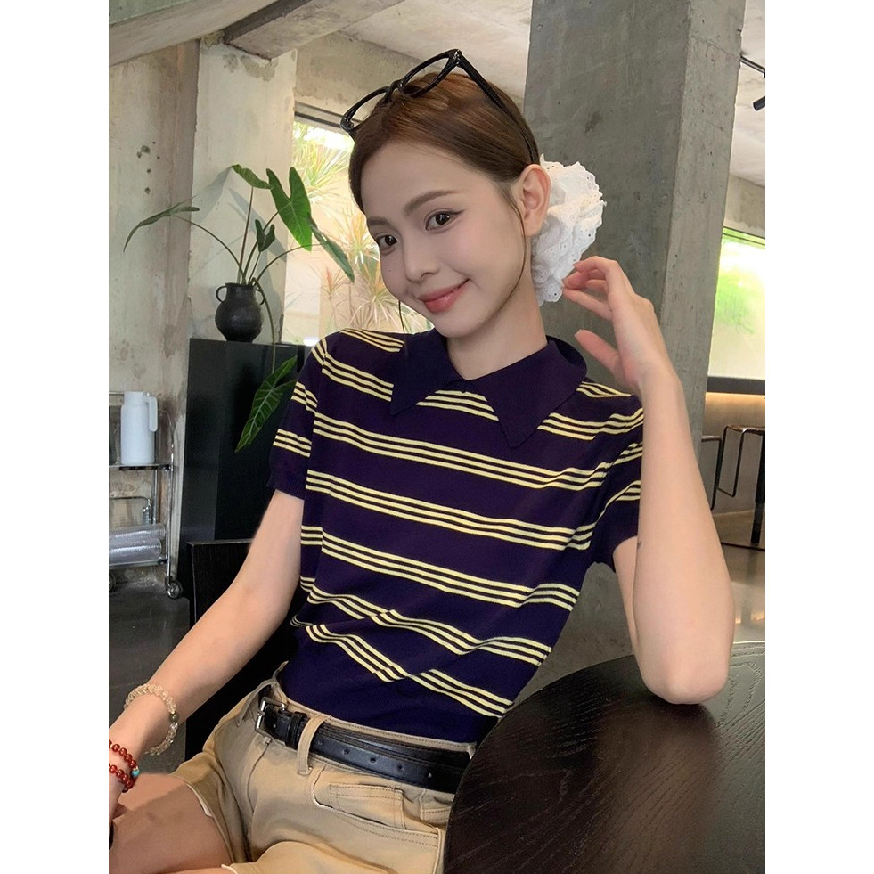SUXI Áo thun ngắn tay dệt kim sọc cổ điển đơn giản mùa hè mới dành cho nữ 250728