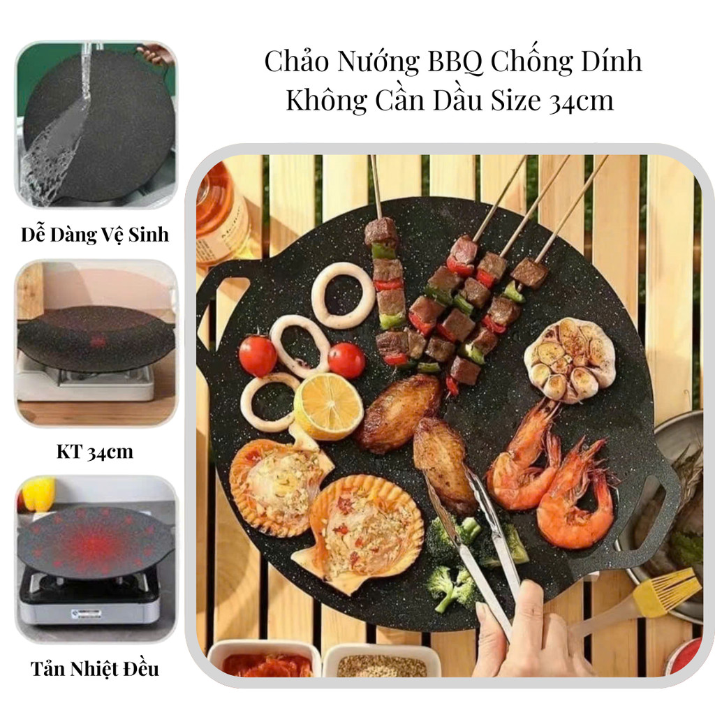 Chảo Đá Nướng Thịt Kiểu Hàn Quốc,  Chảo Nướng BBQ Chống Dính Không Cần Dầu Size 34cm Hàng Chính Hãng