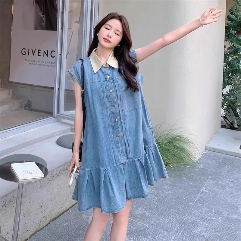 [YU]Váy sơ mi denim chắp vá cá tính, phong cách học đường, form rộng, dài vừa, thoải mái.