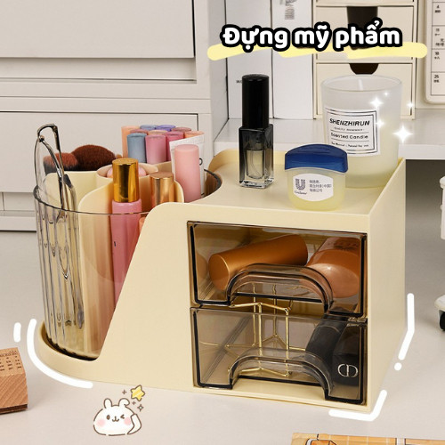 Kệ Đựng Đồ Đa Năng Xoay 360 - Hộp Đựng Bút Và Mỹ Phẩm Để Bàn, 2 Ngăn Kéo Tiện Lợi, Tối Ưu Không Gian