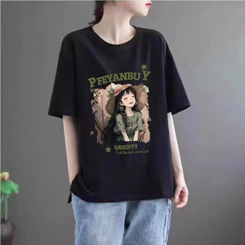 Áo thun ngắn tay cổ tròn cổ điển cho nữ với họa tiết hoạt hình đáng yêu, phù hợp mùa hè