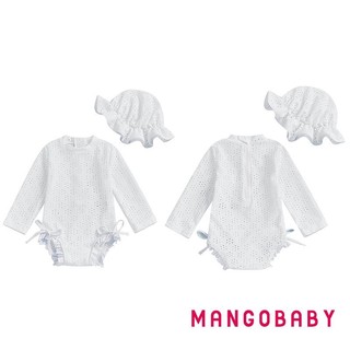 MG-Toddler Girl Eyelet Đồ bơi dài tay cổ tròn Xù Bộ đồ tắm có mũ bơi Bộ 2 chiếc