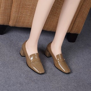 Loafers Bằng Sáng Chế Da Giữa Cao Gót Giày 2025 Phong Cách Mới Thu Đông Da Thật Dày Gót Da Nhỏ Giày Da Loafer Nữ Phong Cách Anh Slip-On