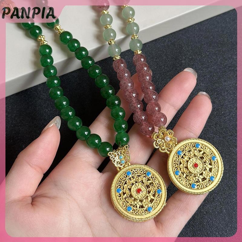 PANPIA-Ethnic Phong Cách Rỗng Khắc Túi May Mắn Mặt Dây Chuyền Xanh Giả Ngọc Handmade Đính Hạt Vòng Cổ Dài