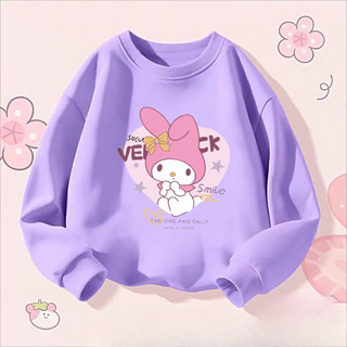 Trẻ em My Melody Kuromi Áo thun cổ tròn dài tay Áo thun hoạt hình nhẹ Trang phục hàng đầu
