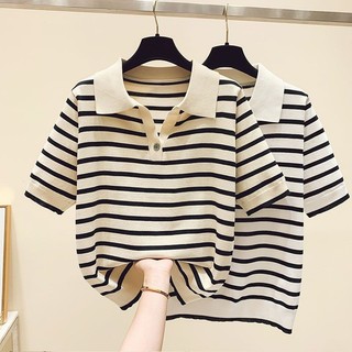 Rời Ôm Hơn Nhìn POLO Cổ Sọc Băng Lụa Đan Áo Thun Nữ Tay Ngắn Nút Mùa Hè Top