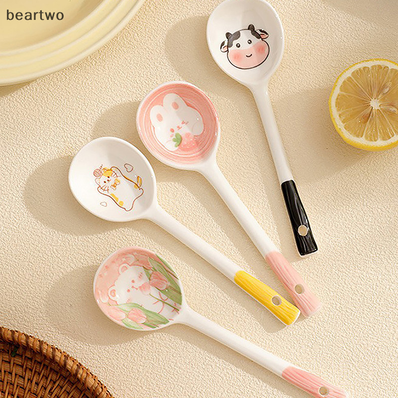 < Beartwo > Thìa Canh Gốm Thìa Ngũ Cốc Bộ Đồ Ăn Gia Đình Dễ Thương Sơn Thìa Cà Phê Mứt Thìa Quà Tặng Món Tráng Miệng Muỗng Đồ Dùng Nhà Bếp Đẹp