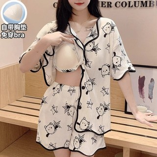 Pad Bộ Đồ Ngủ Nữ Mùa Hè Tay Ngắn Hoạt Hình Nữ Cardigan Rời Kích Thước Lớn Bộ Quần Áo Gia Đình