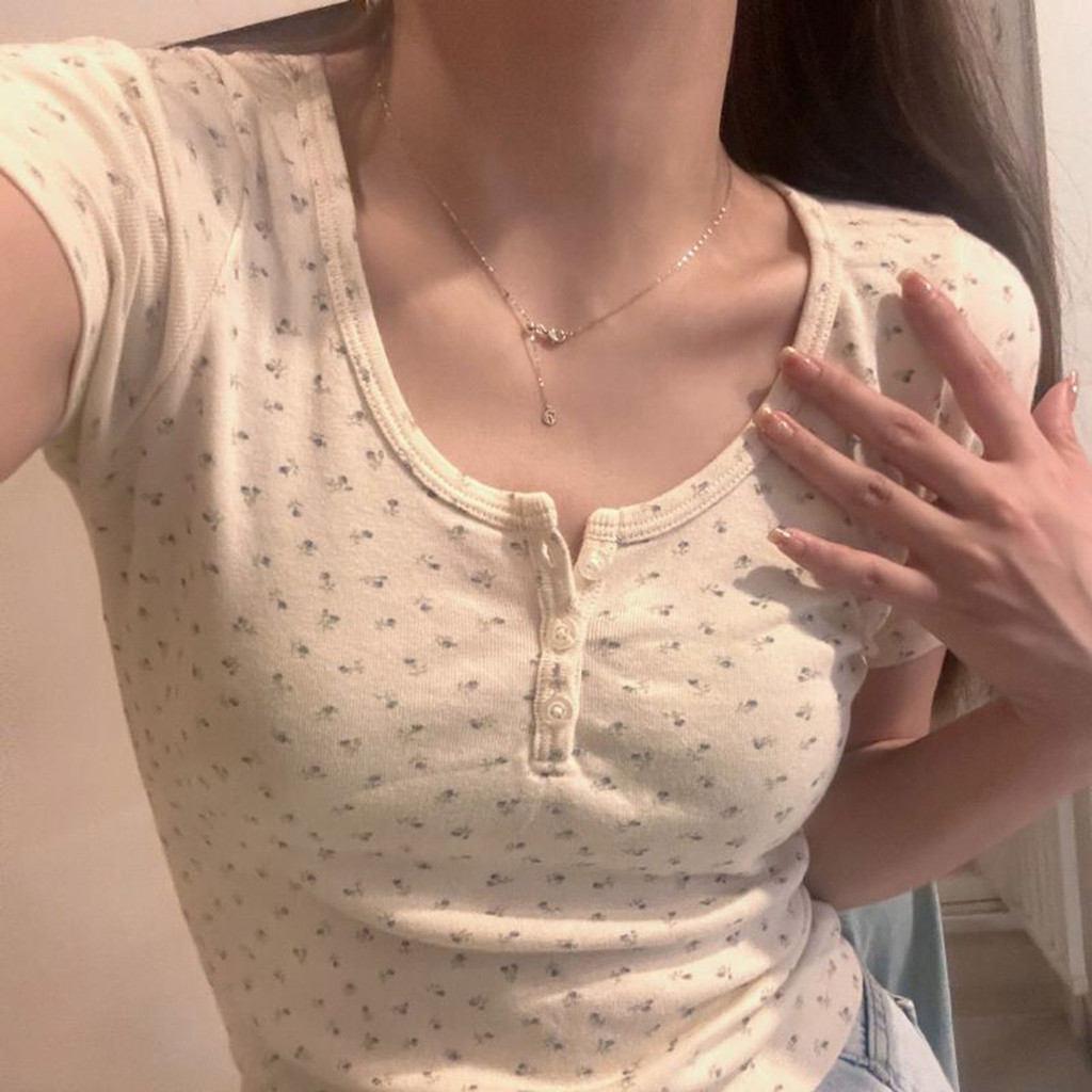 Nữ Họa Tiết Hoa Cơ Bản Tee Tay Ngắn Thoải Mái Áo Thun Slim Fit Đáng Yêu Camisoles