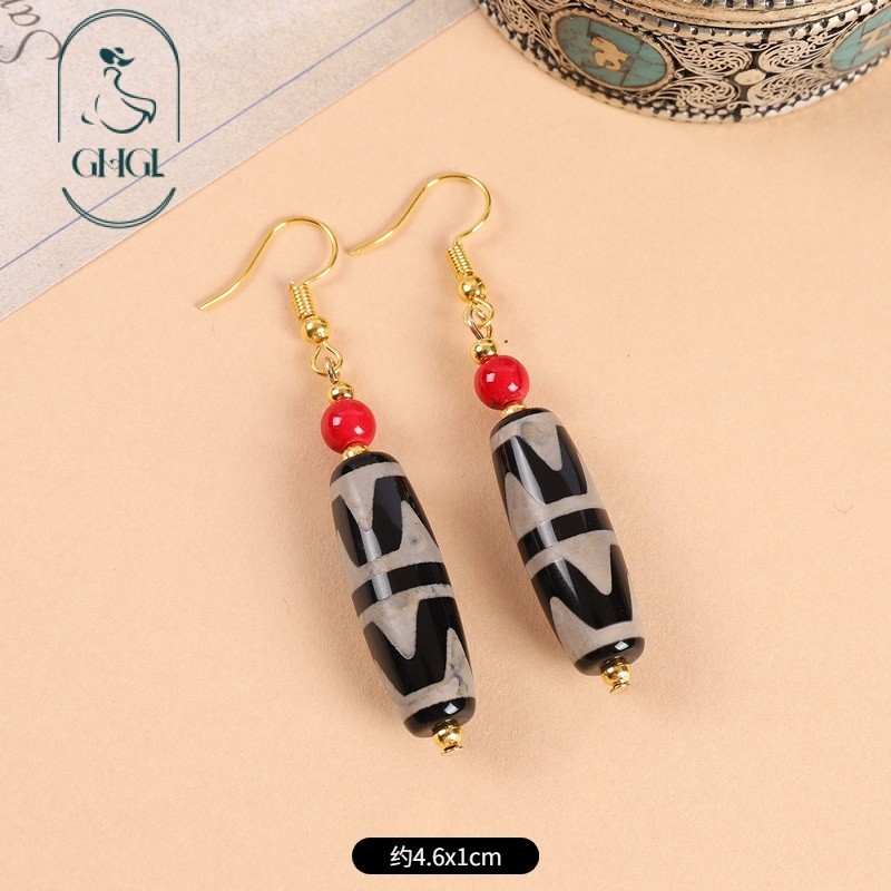 [Ghgl] Hàng có sẵn hs Thiết kế nguyên bản Phong cách Tây Tạng Hạt Dzi chín mắt Bông tai mã não Phong cách dân tộc Nghệ thuật cổ điển Bông tai răng hổ Bông tai phong cách Trung Quốc dành cho nữ