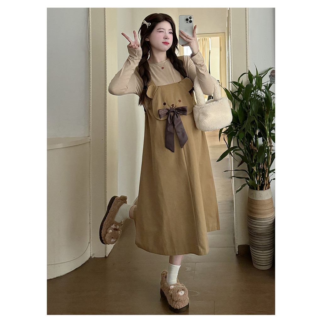 Bộ đồ bà bầu Thu Đông Phong cách mới Váy dây đeo vui nhộn + Bộ đồ hai mảnh đáy dài tay